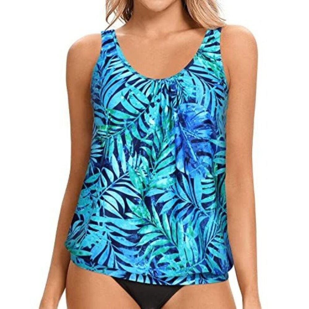 Younique Soft Padded Scoop Neck Tankini Swim Top Blue Palm Leaf Sz XXL